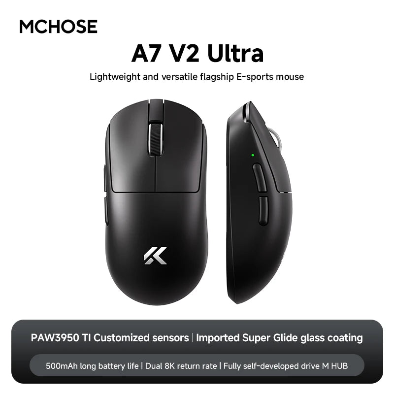 MCHOSE A7 V2 Wireless Gaming Mouse, Tri-Mode Bluetooth 8K Lightweight Esports Mouse with PAW3950 Sensor, 42000 DPI Ergonomic Gaming Mouse