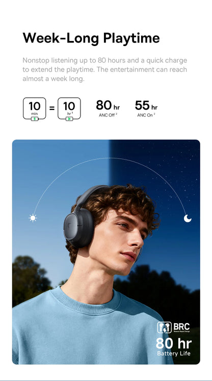 Baseus Bass EH10 NC Noise Cancelling Wireless Headphones Bluetooth 6.0 Over Ear Headset with 45dB ANC, 80H Battery, Hi-Res Audio & AI Calls