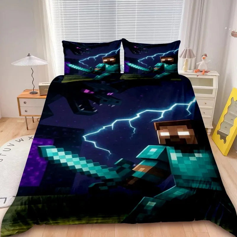 Kids Minecraft 2/3pcs Duvet Cover Set Game My World Bedding Set Comforter Cover Boys Kids for Bedroom Decor Gifts