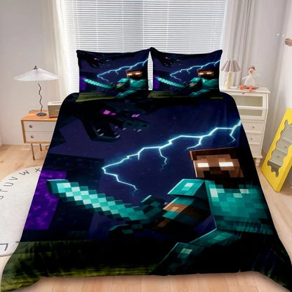 Kids Minecraft 2/3pcs Duvet Cover Set Game My World Bedding Set Comforter Cover Boys Kids for Bedroom Decor Gifts