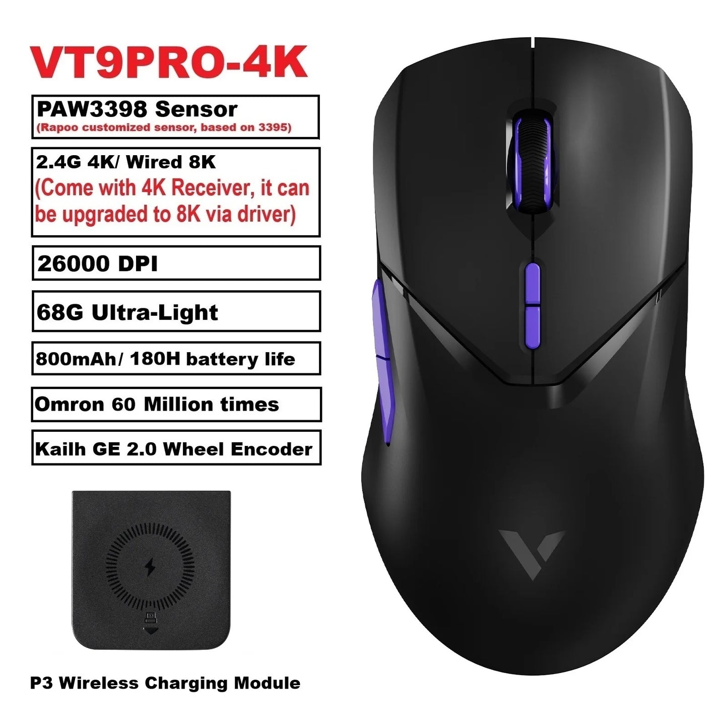 Rapoo VT9PRO Wireless Gaming Mouse PAW3398 26000 DPI Lightweight Programmable Ergonomic Gaming Mouse with Type-C Rechargeable Dual Mode