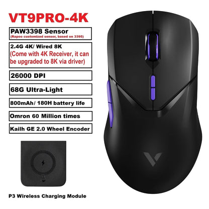 Rapoo VT9PRO Wireless Gaming Mouse PAW3398 26000 DPI Lightweight Programmable Ergonomic Gaming Mouse with Type-C Rechargeable Dual Mode