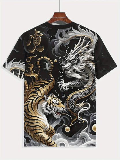 T-shirt gráfica de verão para homem S com design de duelo entre dragão e tigre, manga curta casual, moda 2025, gola redonda