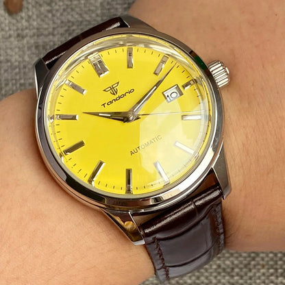Tandorio 40mm Japanese NH35 Automatic 200M Diving Watch Men Beige Dial Bubble Sapphire Polished Case Glass Back Screw Crown