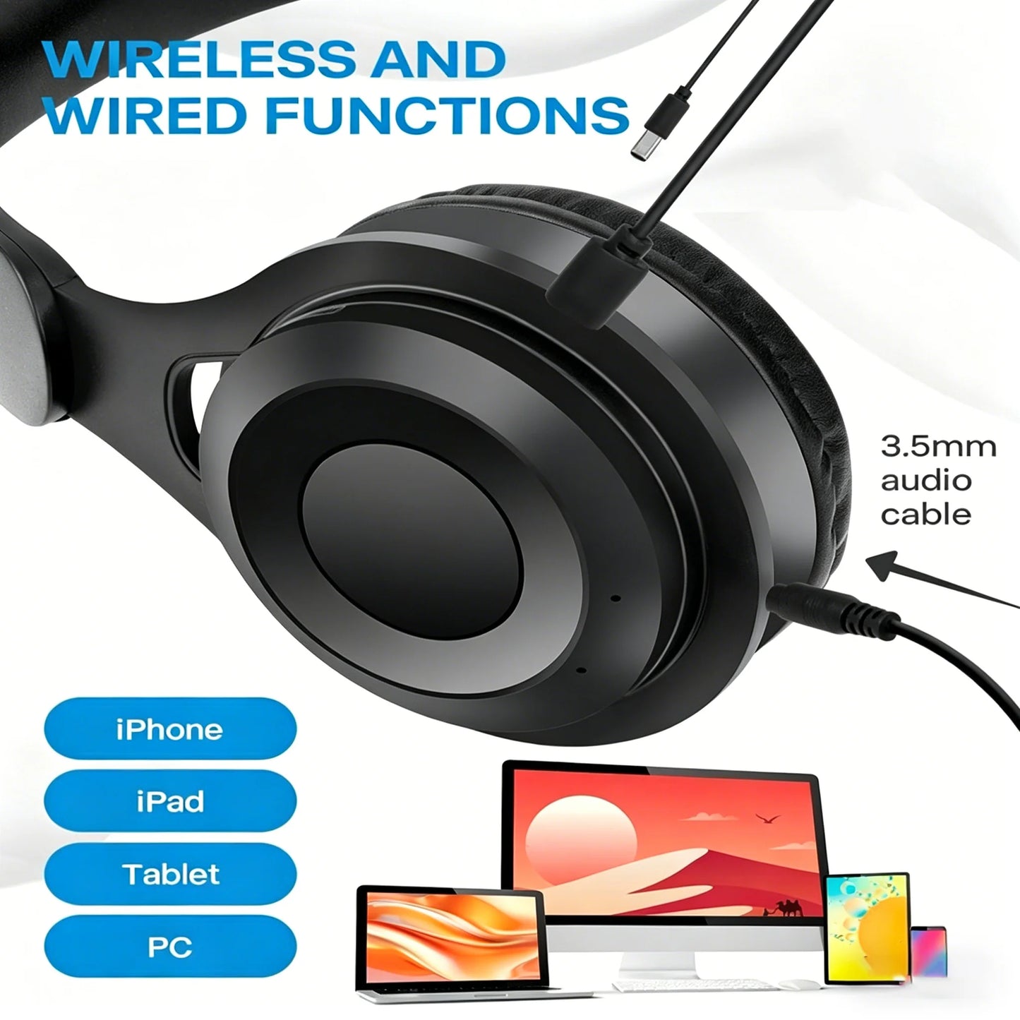 High Fidelity Bluetooth Wireless Headset Over Ear Headphones with HD Mic, Premium Bluetooth Wireless Headset for Clear Stereo Sound, Sports & Daily Use