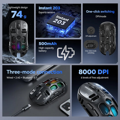 3-Mode Wireless Gaming Mouse with RGB Lighting, Lightweight Bluetooth Mouse, Rechargeable Esports Mouse for PC, Laptop & Gaming