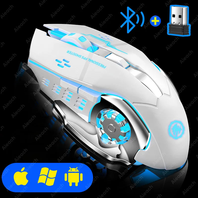Rechargeable Wireless Gaming Mouse Bluetooth Silent Computer Mouse with RGB Backlight, USB Dual Mode, 6 Buttons, Adjustable DPI for PC, Laptop & Gaming