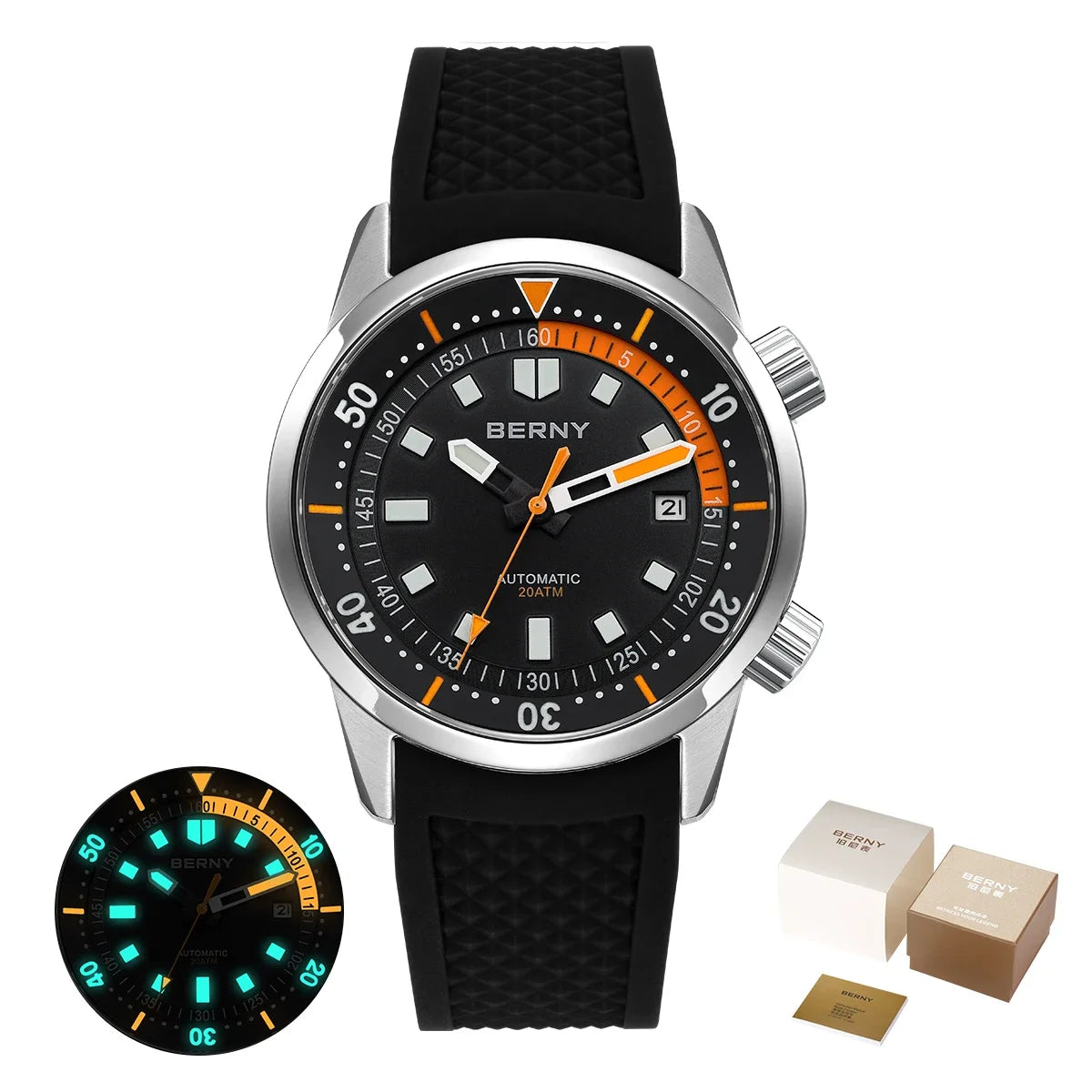 BERNY Men's Dive Watches 200M Waterproof Super Luminous Automatic Mechanical Diver Watch 42mm Sapphire Swim Diving Wristwatch