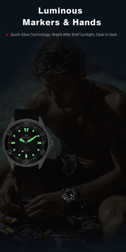 NORTH EDGE New TRITON Solar Powered Dive Watch Men Luxury Quartz Watches For Men 316L Stainless Steel Case Waterproof 300M