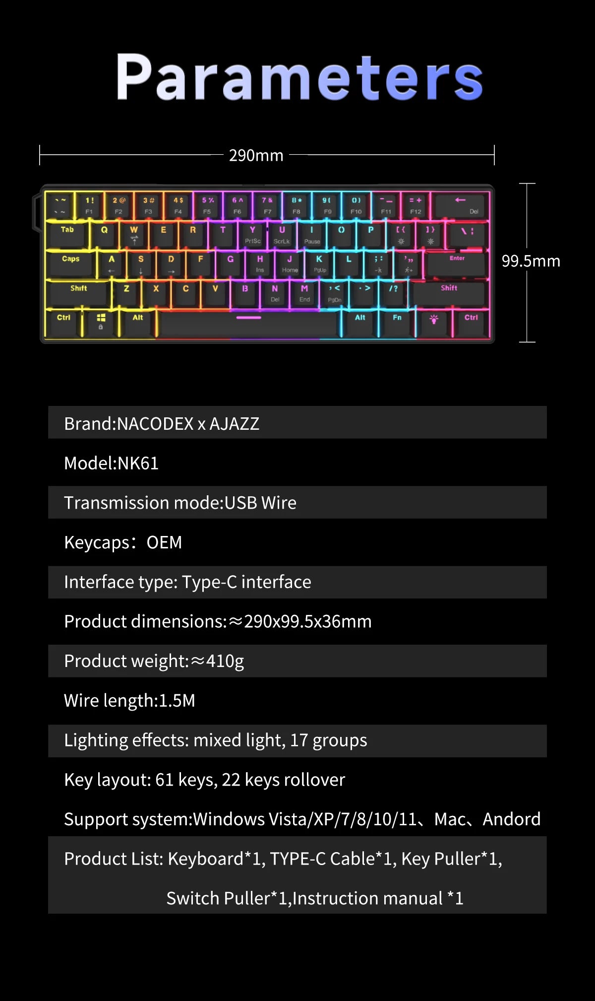 AJAZZ NK61 kabelgebundene mechanische Gaming-Tastatur 60% RGB Hot-Swappable 61 Tasten Red Switch Mini-Tastatur für Gamer-PC