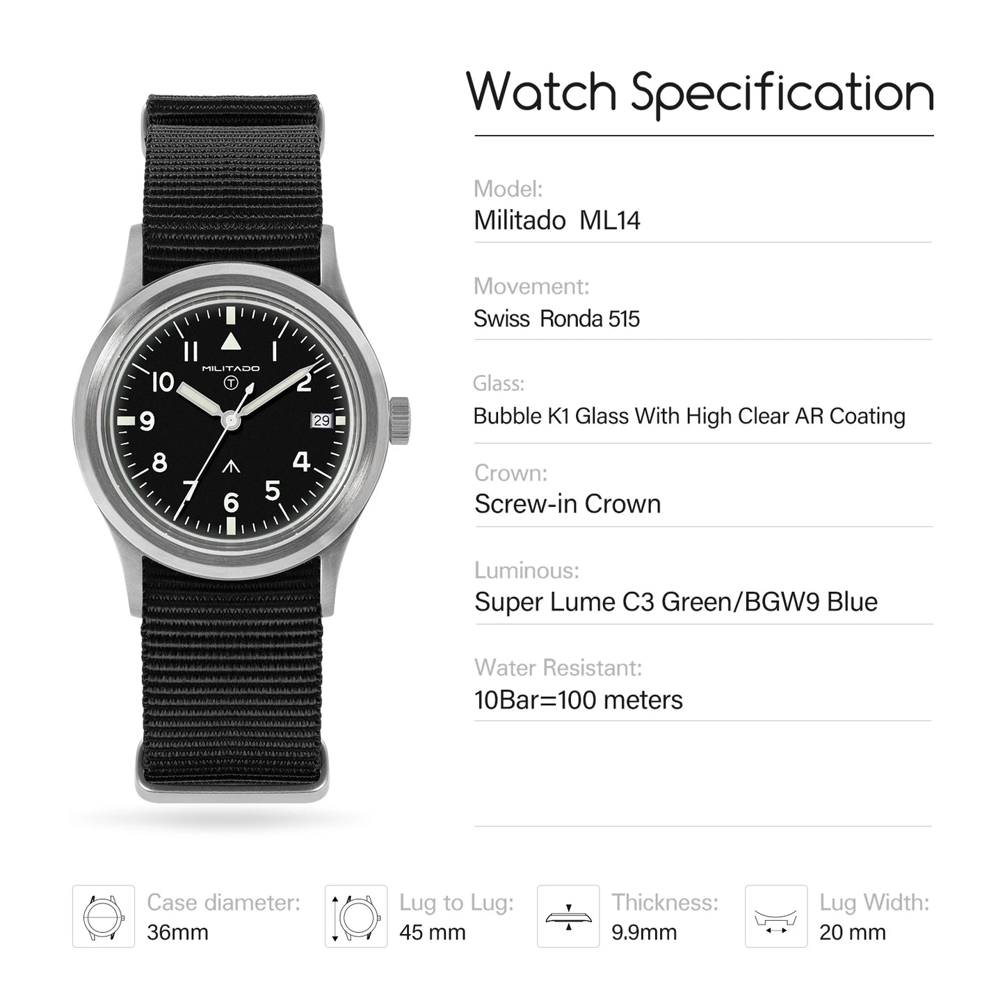 Militado ML14 36mm Watch VH31 Sweep Second Quartz Movement Watch Sapphire Crystal Super Luminous BGW9 C3 100m Waterproof Watches