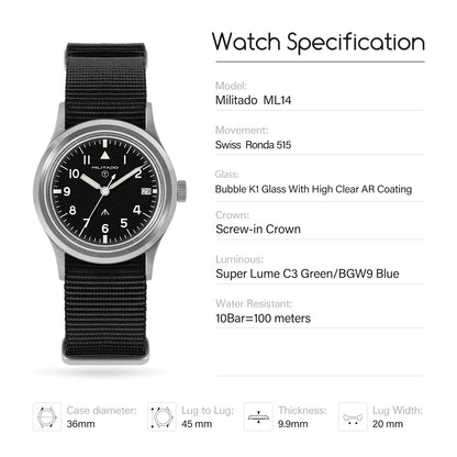 Militado ML14 36mm Watch VH31 Sweep Second Quartz Movement Watch Sapphire Crystal Super Luminous BGW9 C3 100m Waterproof Watches