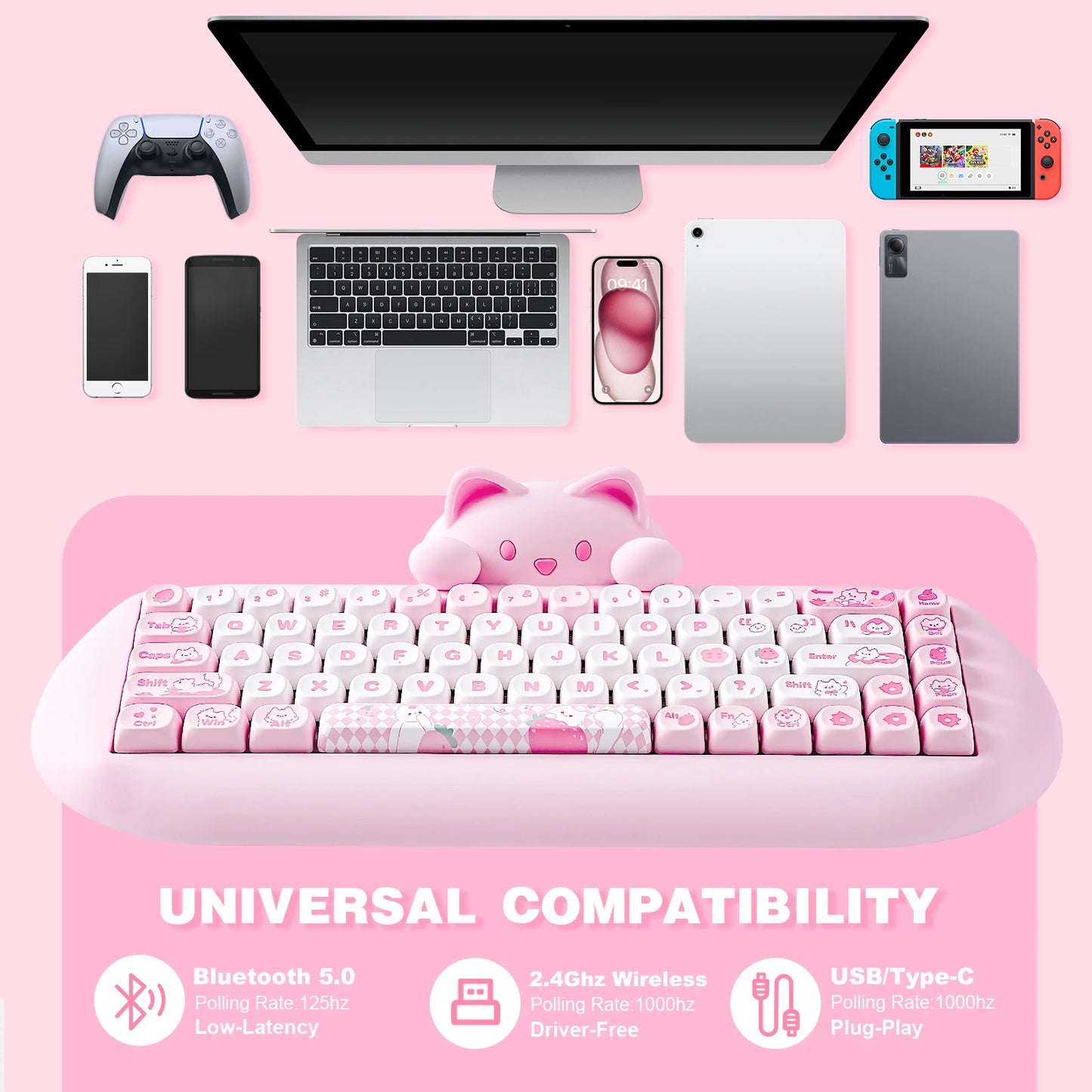 YUNZII C68 Wireless Gaming Keyboard, 65% Hot Swappable Mechanical Keyboard with RGB Backlit, Tri-Mode Bluetooth Gaming Keyboard, Cute Cat Ergonomic Keyboard