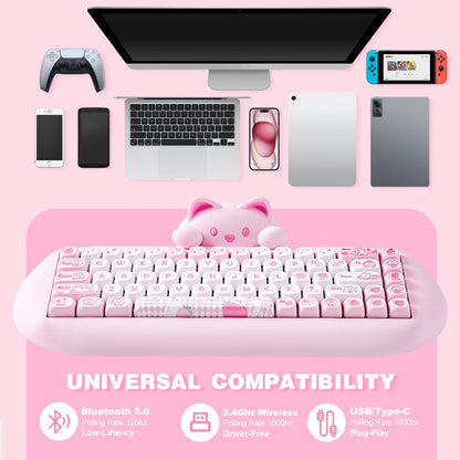 YUNZII C68 Wireless Gaming Keyboard, 65% Hot Swappable Mechanical Keyboard with RGB Backlit, Tri-Mode Bluetooth Gaming Keyboard, Cute Cat Ergonomic Keyboard