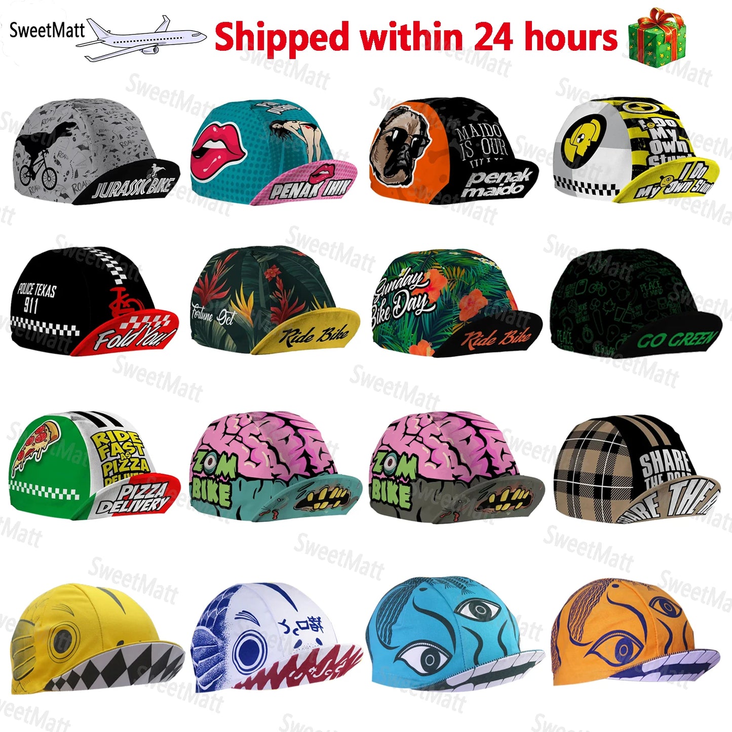 SweetMatt Classic Retro Pizza Dinosaur Bulldog Green White Red  Polyester Bicycle Men's Caps Quick Dry Cycling Sports Balaclava