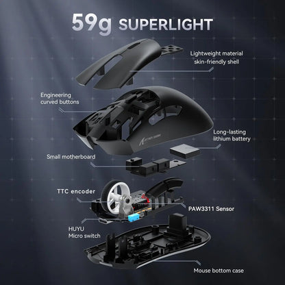 ATTACK SHARK R1 Superlight Wireless Gaming Mouse, 59g Ultra-Light Mouse with PixArt PAW3311 Sensor, 18000 DPI, Tri-Mode Bluetooth & 2.4GHz, 65H Battery