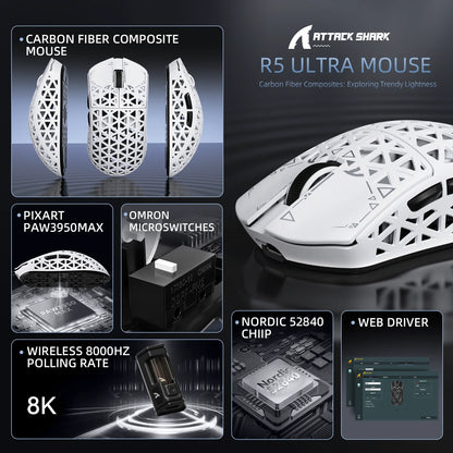 ATTACK SHARK R5 Ultra Carbon Fiber Wireless Gaming Mouse, 42g Lightweight Gaming Mouse, PAW3950MAX Sensor, 42000 DPI, 8000Hz, Tri-Mode Connectivity
