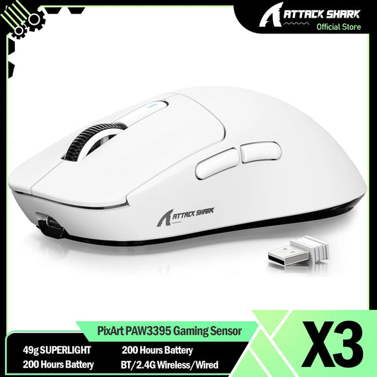 ATTACK SHARK X3 bežični gaming miš PixArt PAW3395 49g SUPERLIGHT, BT/2.4G bežično/žično, 6 podesivih DPI razina do 26000