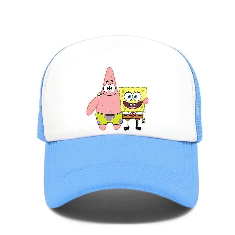 Módní roztomilá kšiltovka s potiskem SpongeBob, kreslená, pro muže i ženy, letní sluneční síťovaná čepice, anime, nastavitelná sluneční clona, golfová čepice, trucker čepice
