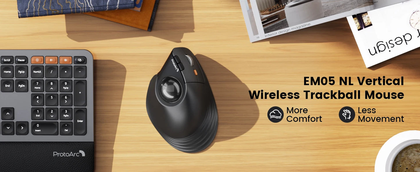 ProtoArc EM05NL Ασύρματο ποντίκι trackball επαναφορτιζόμενο Bluetooth, εργονομικό κάθετο ποντίκι rollerball για υπολογιστή, iPad, Mac, Windows