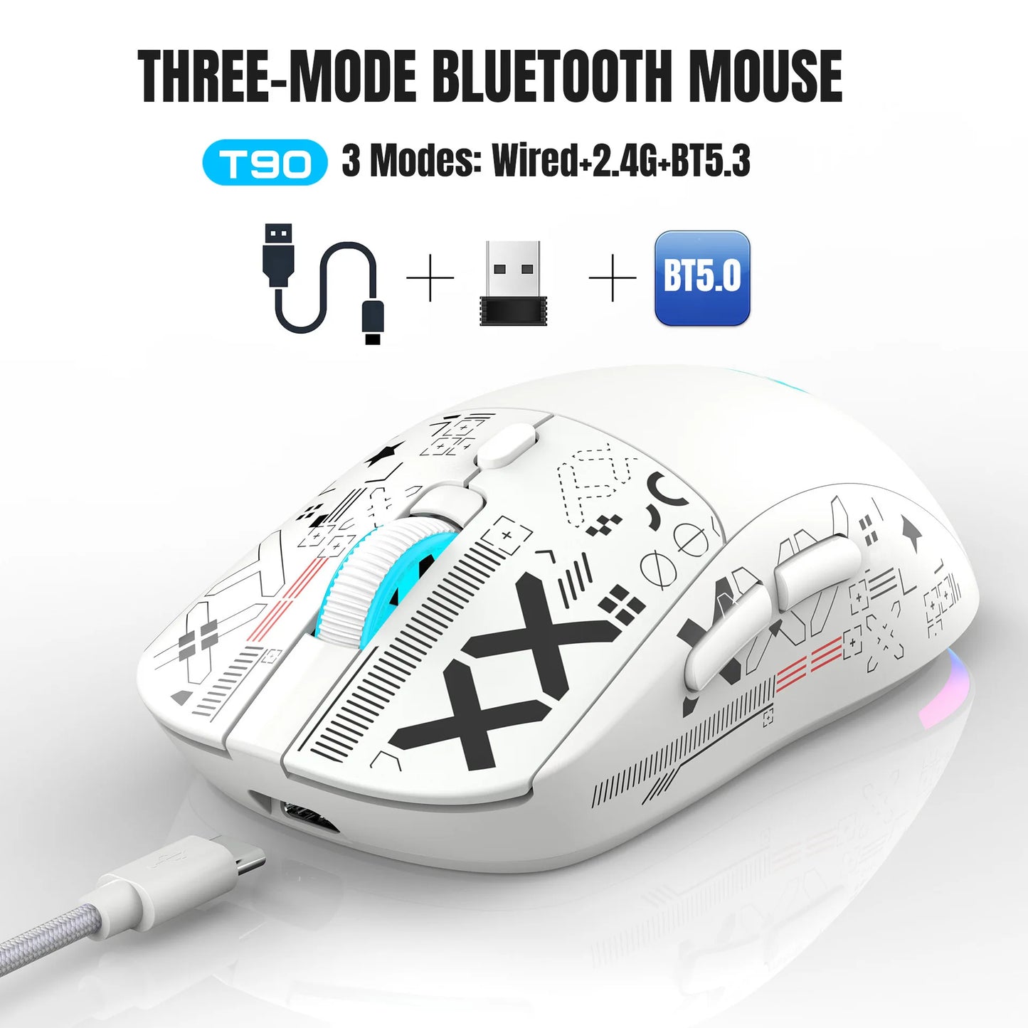HXSJ T90 Bluetooth Gaming Mouse, 3 Modes Wireless Rechargeable RGB Gaming Mouse, Bluetooth 5.3 & 2.4G USB Gaming Mouse for PC, Laptop, Mac, iPad & Tablet
