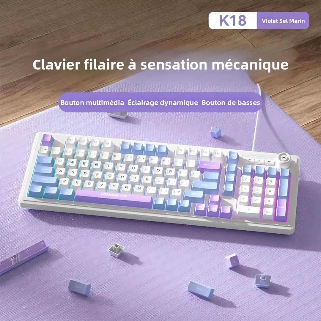 Kablet gaming-tastatur med mekanisk tastfølelse og drejeknap samt trefarvet blandet baggrundsbelysning til PC, stationær computer og bærbar computer – tilbehør