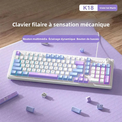Kablet gaming-tastatur med mekanisk tastfølelse og drejeknap samt trefarvet blandet baggrundsbelysning til PC, stationær computer og bærbar computer – tilbehør