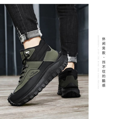 Botas de senderismo de caña media para hombre, en blanco y negro, de cuero impermeable, con plataforma, zapatillas antideslizantes para exterior, calzado informal con suela resistente