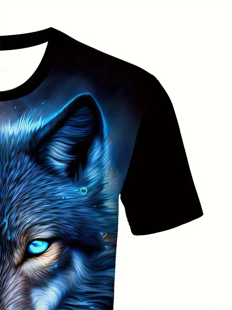 T-shirt da uomo con stampa 3D lupo, girocollo casual, maniche corte, tessuto traspirante e confortevole, abbigliamento streetwear outdoor da uomo