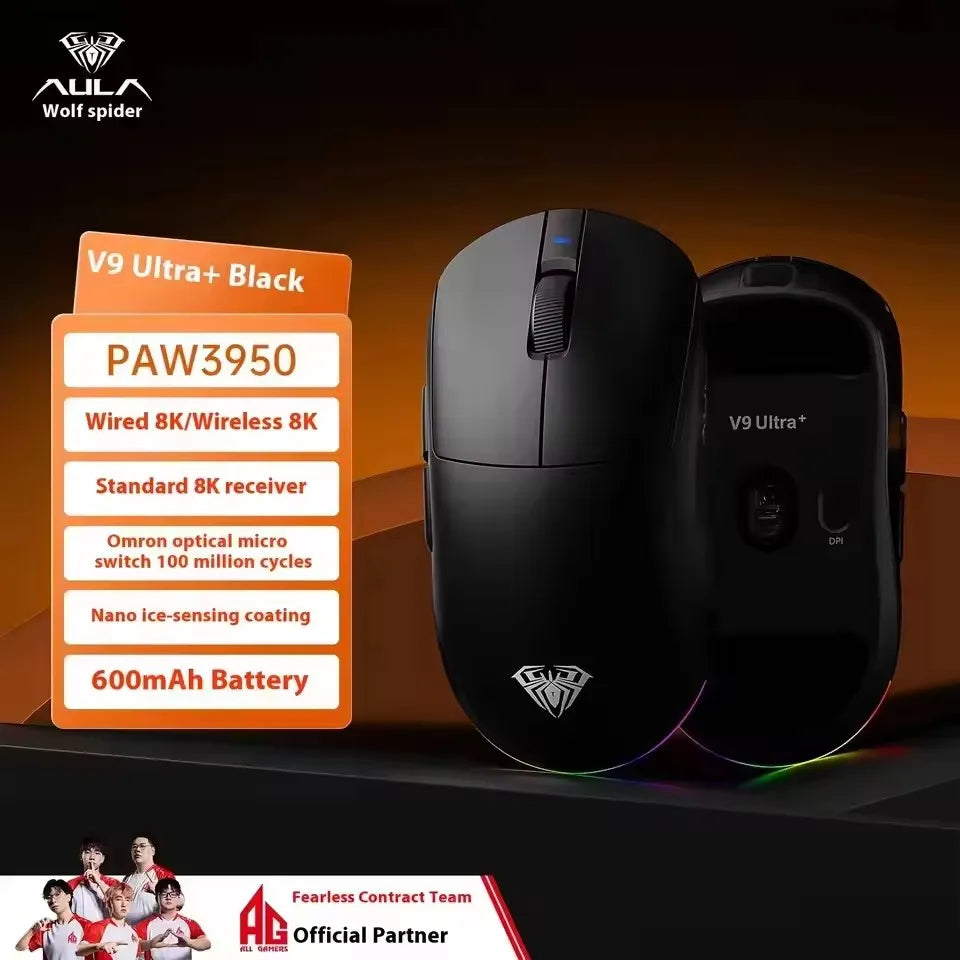 AULA V9 Ultra Wireless Gaming Mouse PAW3950, 8K Polling Rate, Tri-Mode Lightweight Ergonomic Gaming Mouse for PC & Esports
