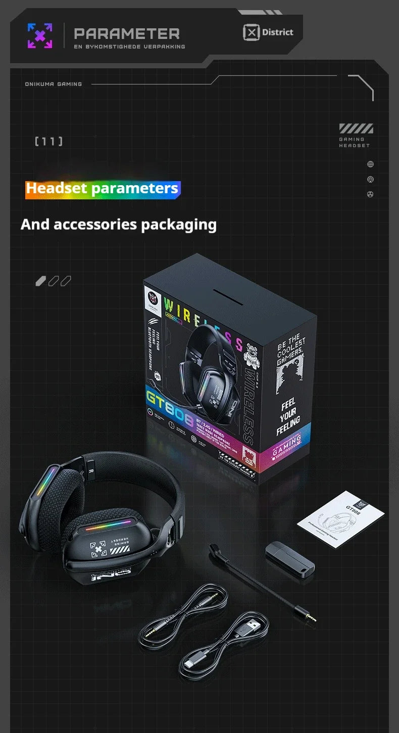 ONIKUMA GT808 Wireless Gaming Headset 2.4G/Bluetooth/Wired 3-Mode Over-Ear Gaming Headphones with Noise Cancelling Mic for PC PS4 PS5