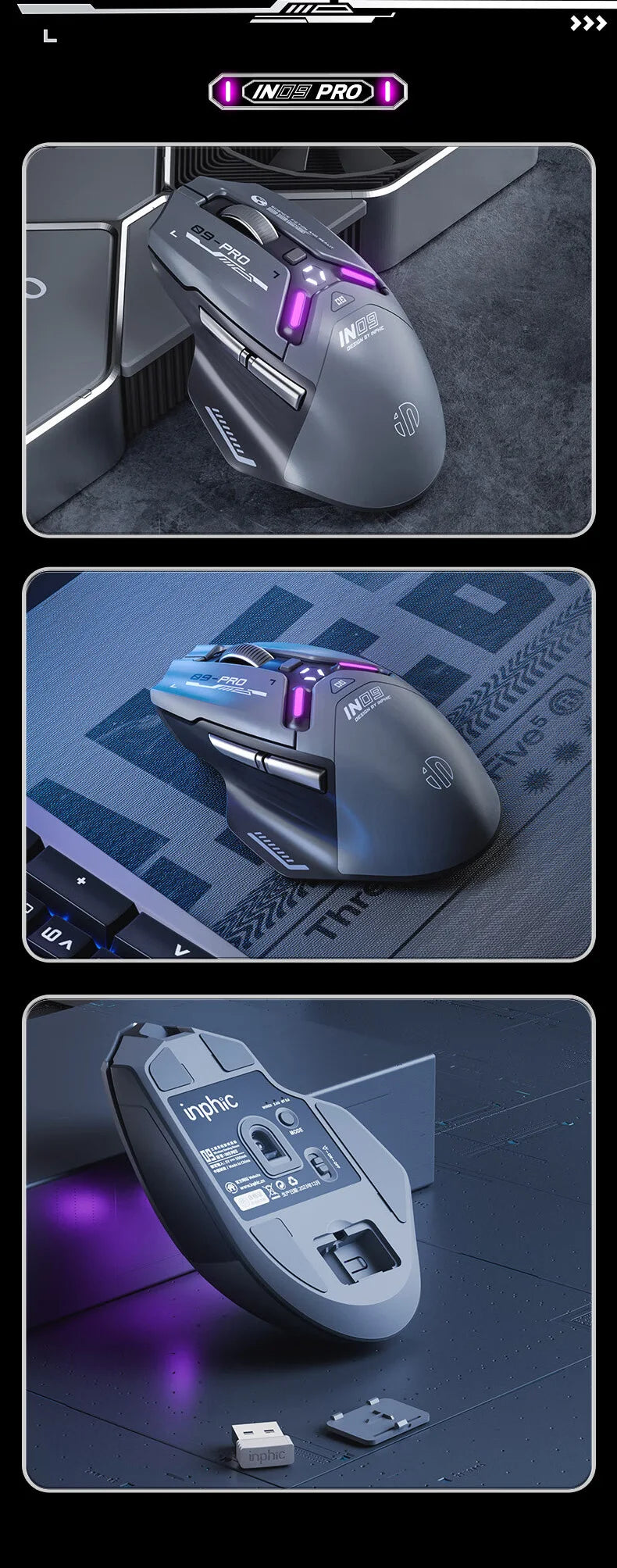 Inphic IN9PRO Wireless Gaming Mouse 26000 DPI Tri-Mode Bluetooth RGB Ergonomic Gaming Mouse with PAW3395 Sensor & 8K Polling Support