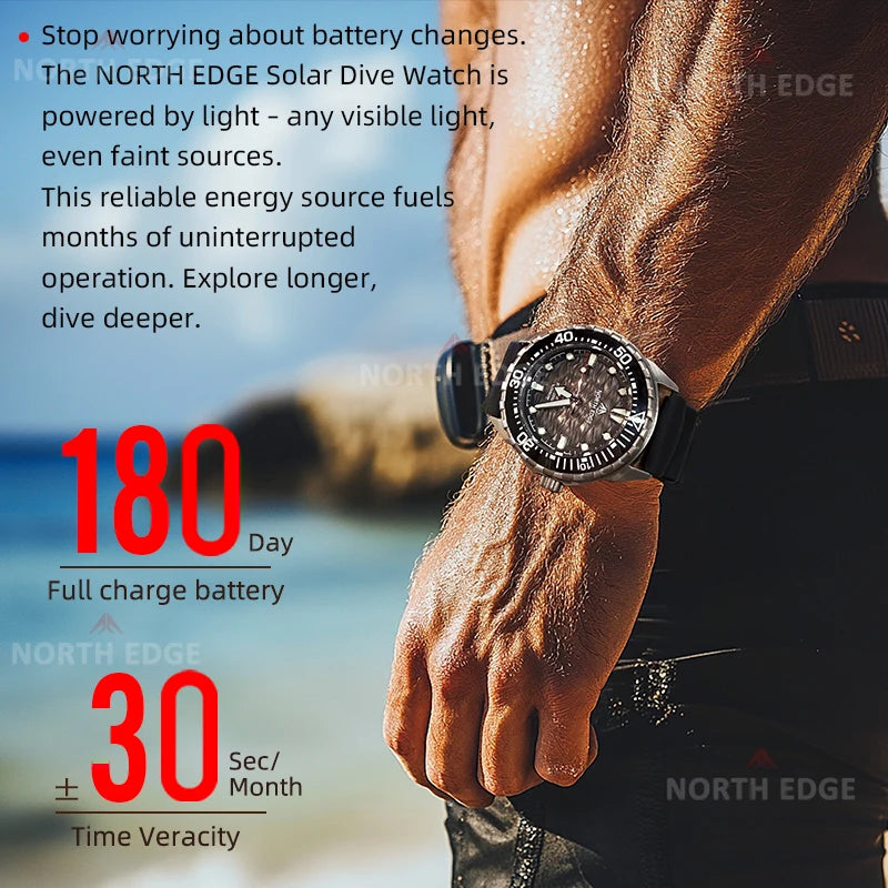 NORTH EDGE TRITON-TI Titanium Stainless Solar-Powered Diving Watch Luxury Quartz Watches For Men 300M Waterproof 180+ Day Power