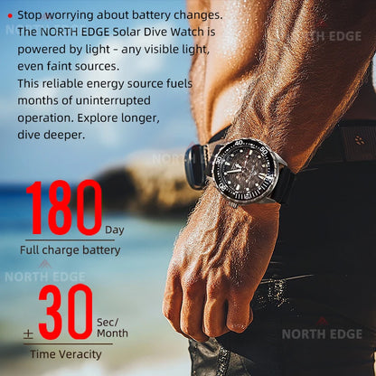 NORTH EDGE TRITON-TI Titanium Stainless Solar-Powered Diving Watch Luxury Quartz Watches For Men 300M Waterproof 180+ Day Power