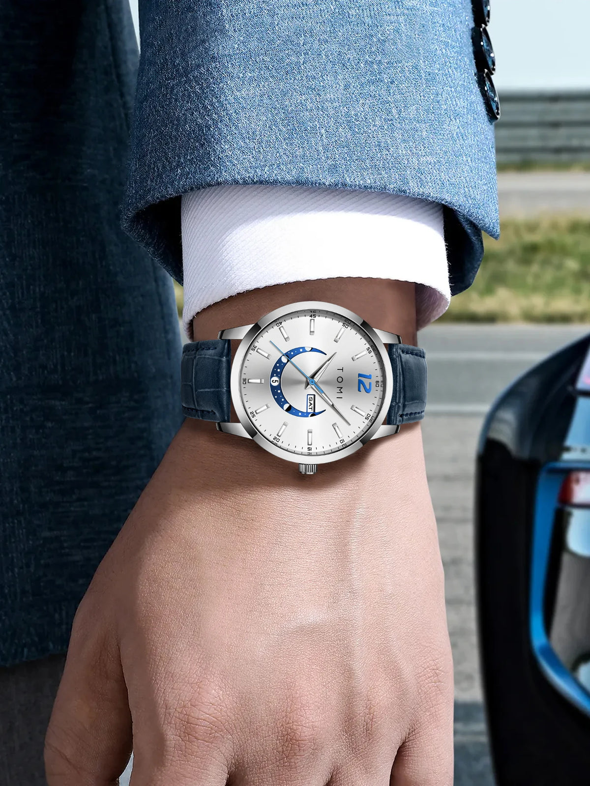 TOMI quartz watch, business-style and elegant, with a leather strap, alloy case and analogue dial – High-end design, a gift idea for men