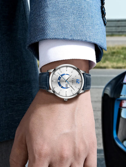 TOMI quartz watch, business-style and elegant, with a leather strap, alloy case and analogue dial – High-end design, a gift idea for men