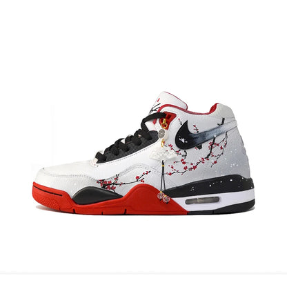 Προσαρμοσμένα αθλητικά παπούτσια Nike Flight Legacy Plum Blossom σε χρώμα Snow, κινέζικου στιλ, ρετρό, μεσαίου ύψους, για μπάσκετ, με μενταγιόν, για άνδρες