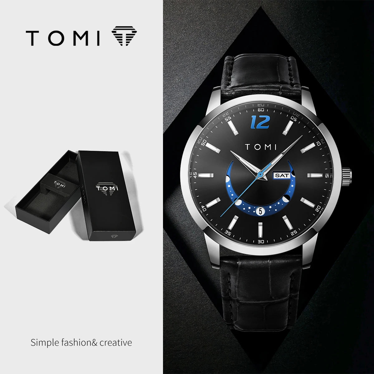 TOMI quartz watch, business-style and elegant, with a leather strap, alloy case and analogue dial – High-end design, a gift idea for men
