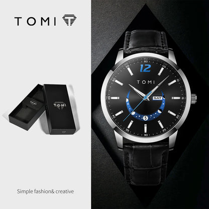 TOMI quartz watch, business-style and elegant, with a leather strap, alloy case and analogue dial – High-end design, a gift idea for men