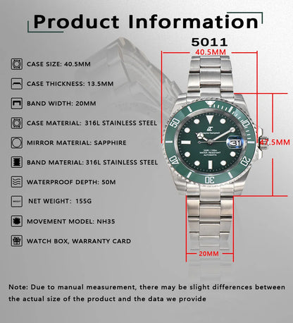 DWAYNE CAMPBELL Top Luxury NH35 Men's Automatic Mechanical Watch Waterproof Luminous Sapphire Glass Classic Business Wristwatch