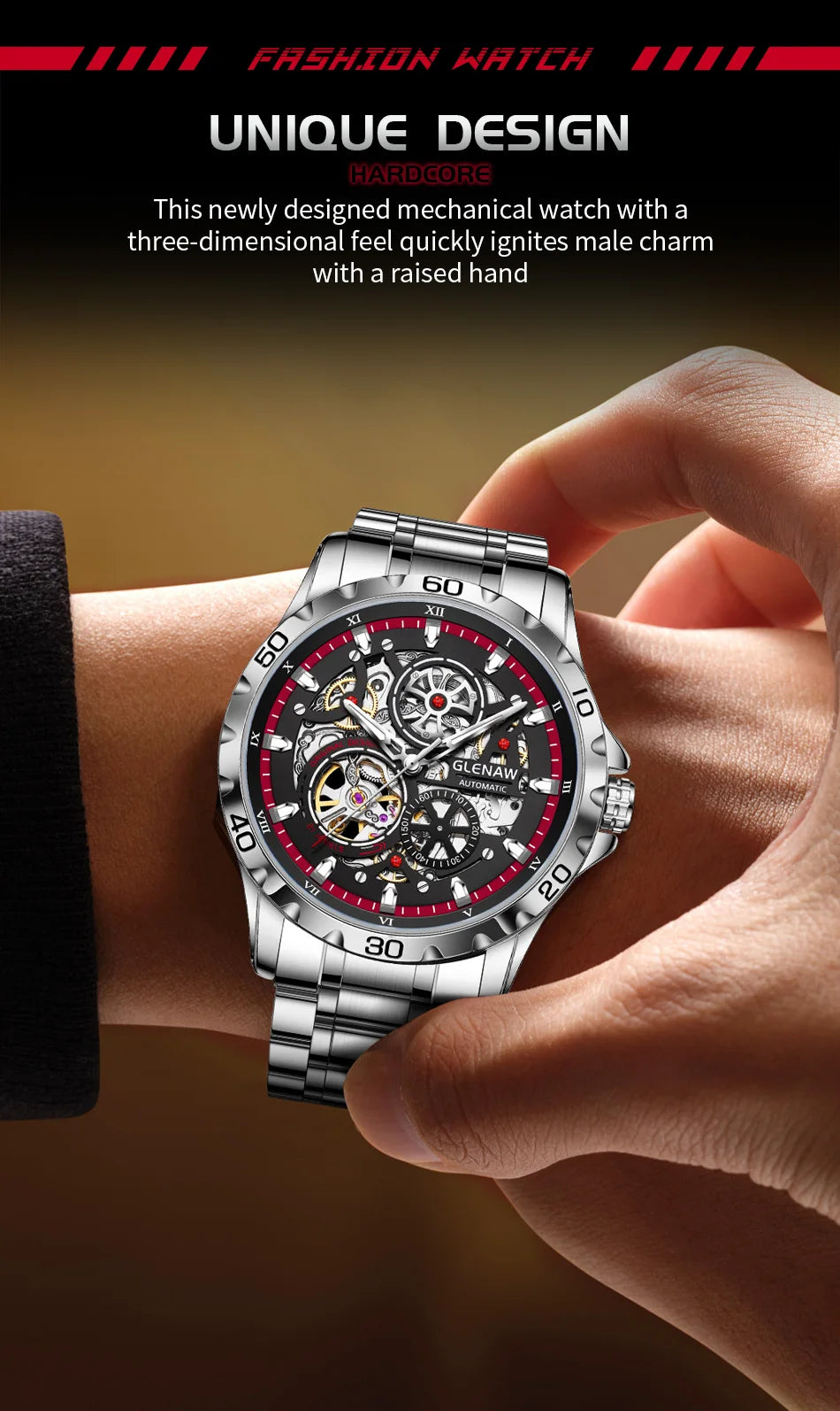 GLENAW Steampunk Skeleton Men's Watch Ring Luxury Automatic Mechanical Watches Luminous waterproof Stainless Steel Strap Watch