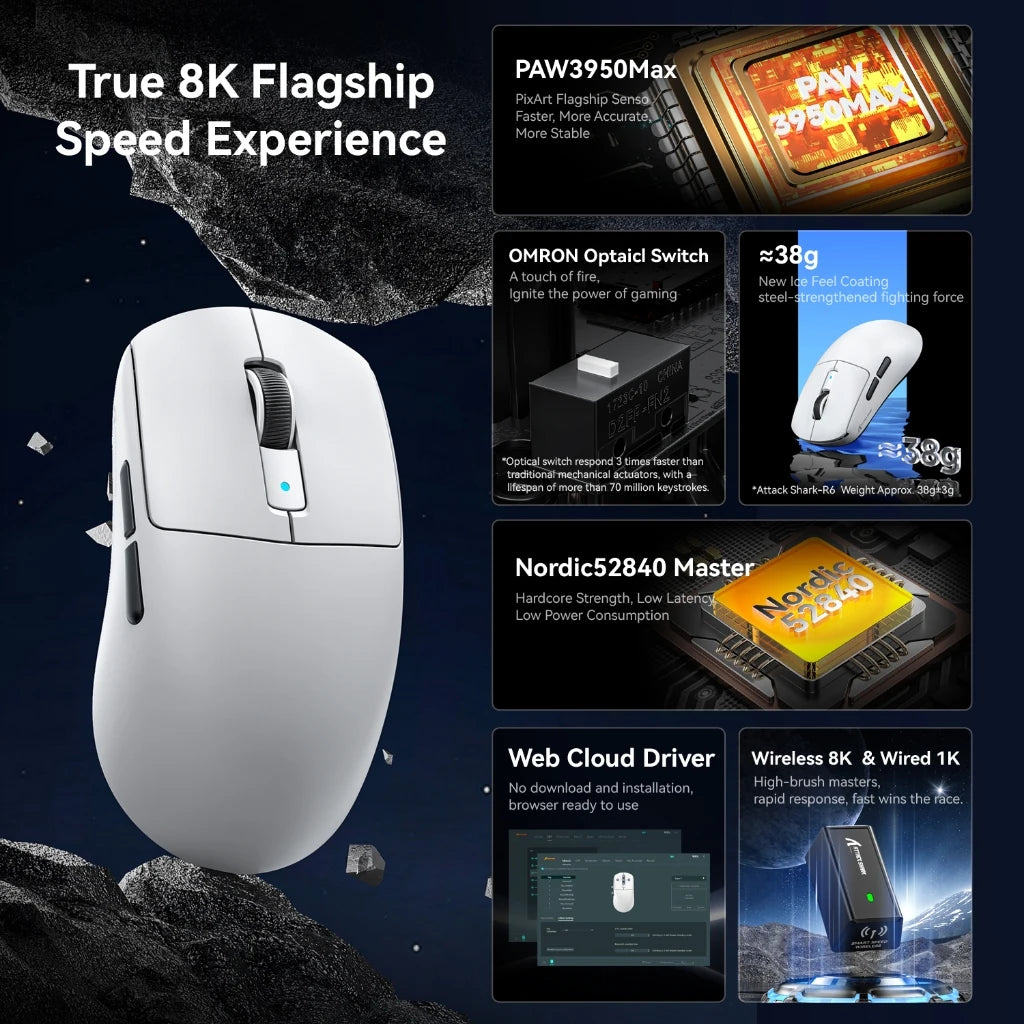 Attack Shark R6 Gaming Mouse Ultra-Light Wireless 8K, Tri-Mode PAW3950 24000 DPI Gaming Mouse with Bluetooth & Wired Connectivity