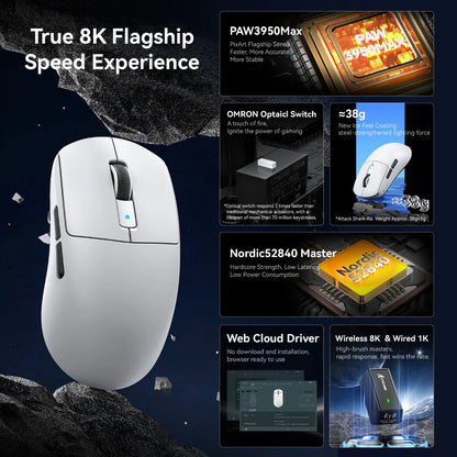 Attack Shark R6 Gaming Mouse Ultra-Light Wireless 8K, Tri-Mode PAW3950 24000 DPI Gaming Mouse with Bluetooth & Wired Connectivity