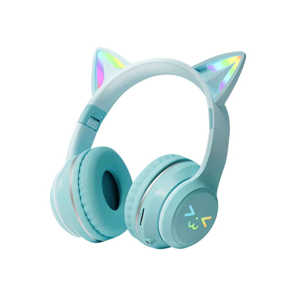 RGB Cat Ear Wireless Bluetooth Headphones for Kids & Girls, LED Light Stereo Gaming Headset with Microphone, Foldable Bluetooth Cat Ear Headphones