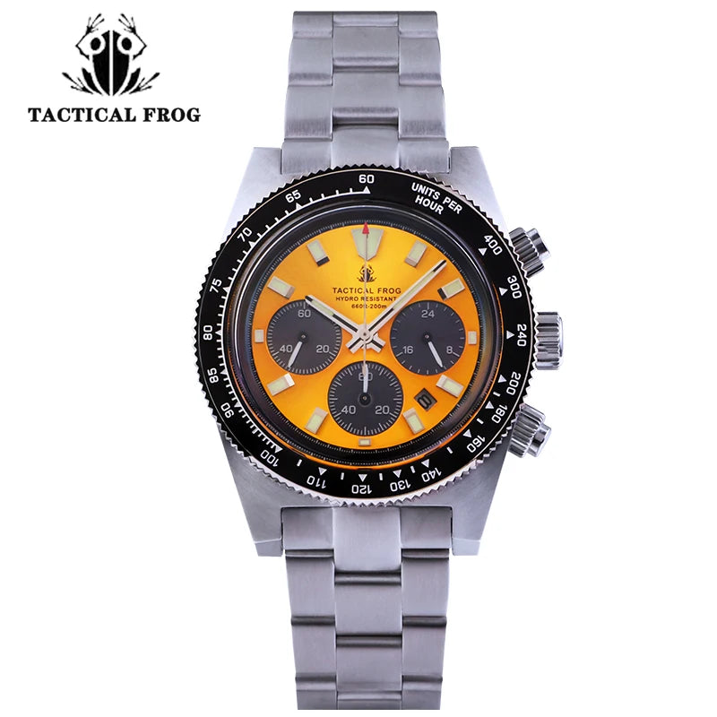 Tactical Frog Men's Business Diving Watch VS75B Quartz Chronograph 316L Steel Sapphire 200M Waterproof C3 Luminous Mens Watch