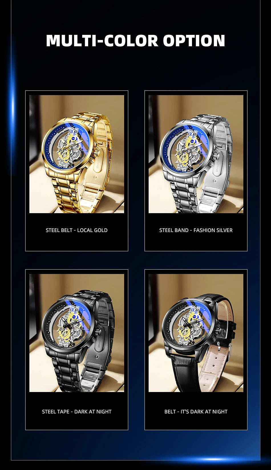 TPW Hot Trendy Fashion Wholesale Men Golden Black Blue Skeleton NOT Automatic Watch Quartz Wrist Watches Luxury 2024
