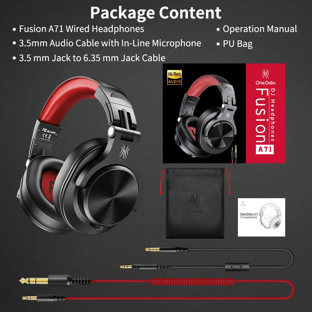 OneOdio A71 Wired Over Ear HiFi Studio DJ Headphones with Mic – Professional Monitoring Gaming Headset with Deep Bass