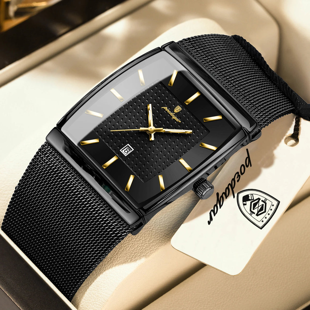 Montre pour homme POEDAGAR, modèle de luxe, bracelet en maille d'acier inoxydable, affichage de la date, étanche, aiguilles luminescentes, style décontracté, boîtier rectangulaire, mouvement à quartz.
