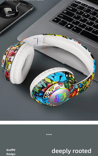 Auriculares gaming Bluetooth inalámbricos New Graffiti LX-8686 con micrófono, luz LED, compatibilidad con tarjeta TF, graves profundos y diseño circumaural para PC, gaming y niños