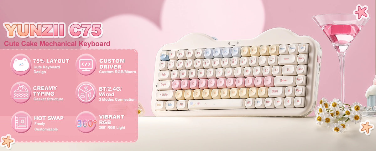 YUNZII C75 Wireless Mechanical Keyboard, 75% Creamy Hot Swap Custom RGB Keyboard, Gasket Cute Cake Design, for Win/Mac/Gaming